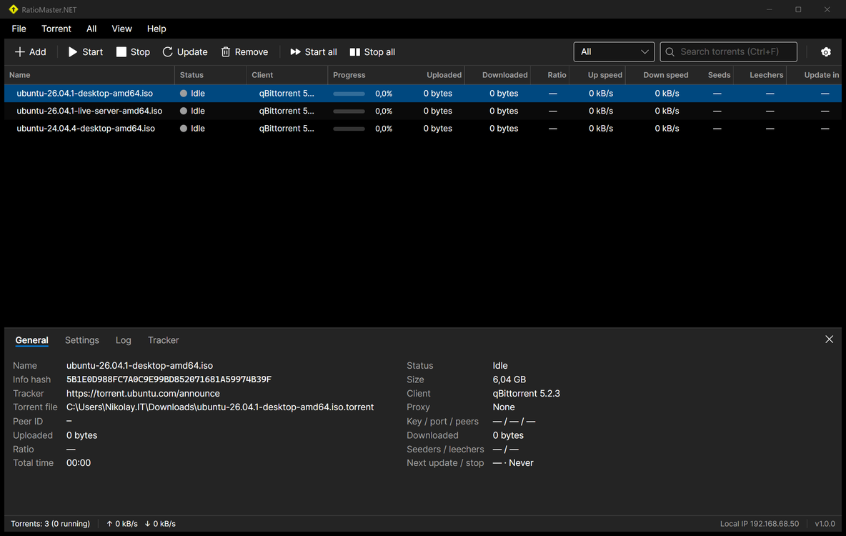 RatioMaster.NET 1.0 main window with a torrent in the list and the details pane open