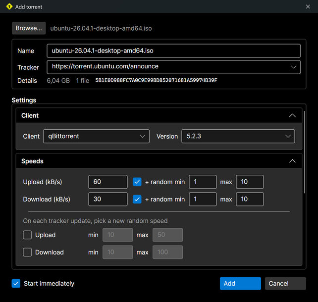 RatioMaster.NET 1.0 Add torrent dialog with the client, speed and tracker settings
